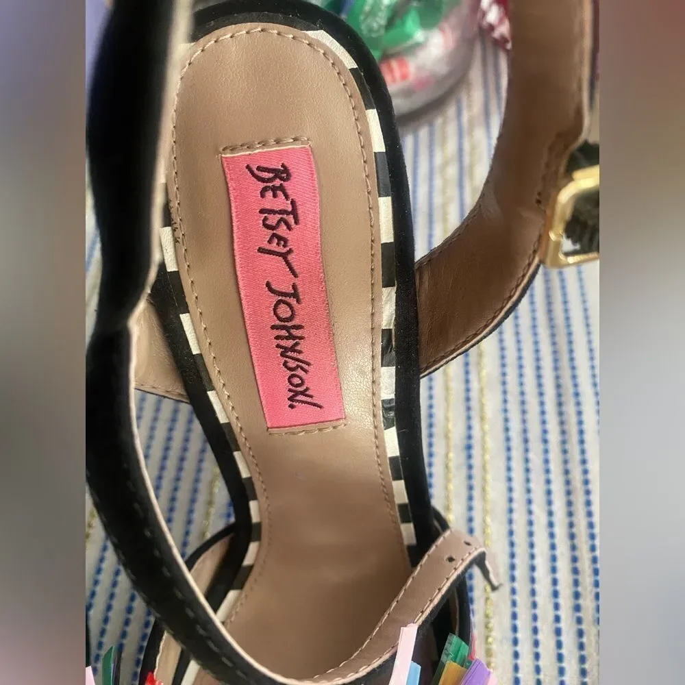 BETSEY JOHNSON 1970s Style Striped Pom Pom Platform Heels size 5.5